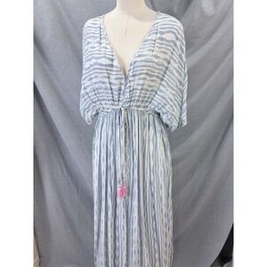 World Market Blue Ikat Kaftan Maxi Dress Pink Tassel Drawstring SM S/M